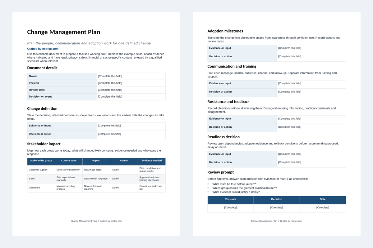 Inhoudsvoorbeeld van Change Management Plan