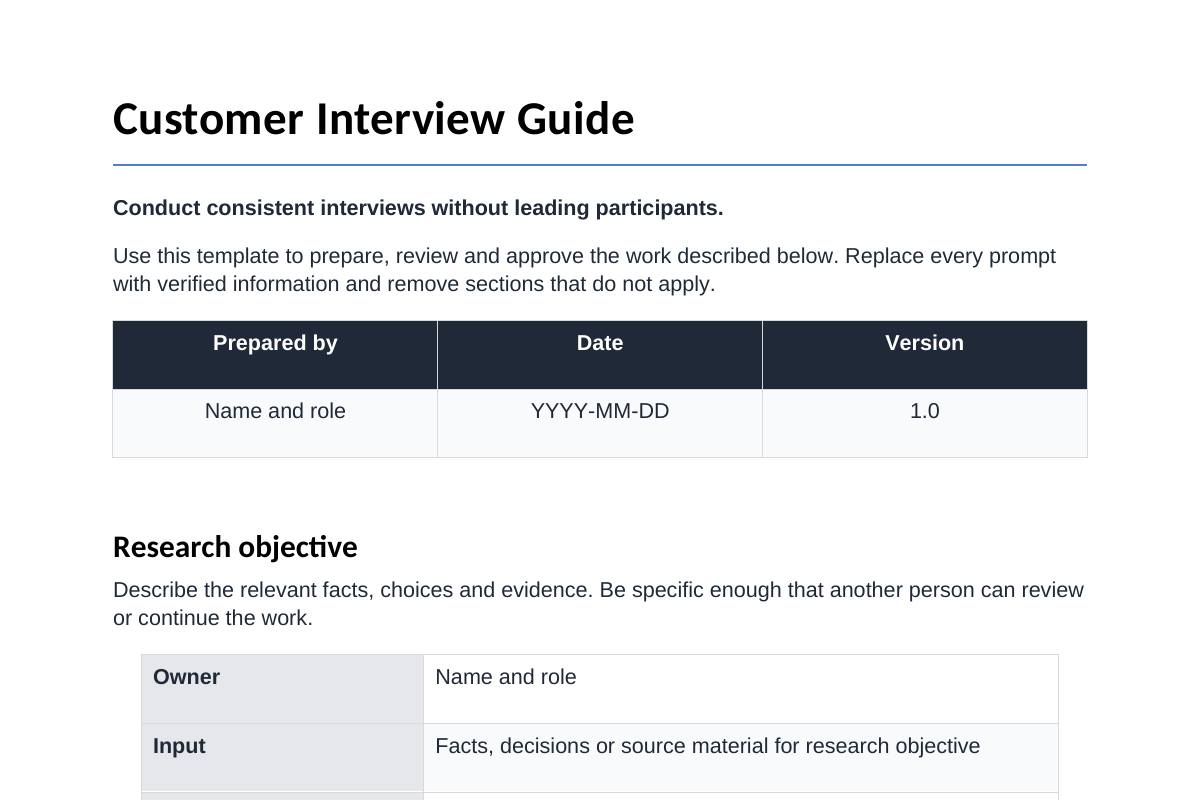Inhoudsvoorbeeld van Customer Interview Guide