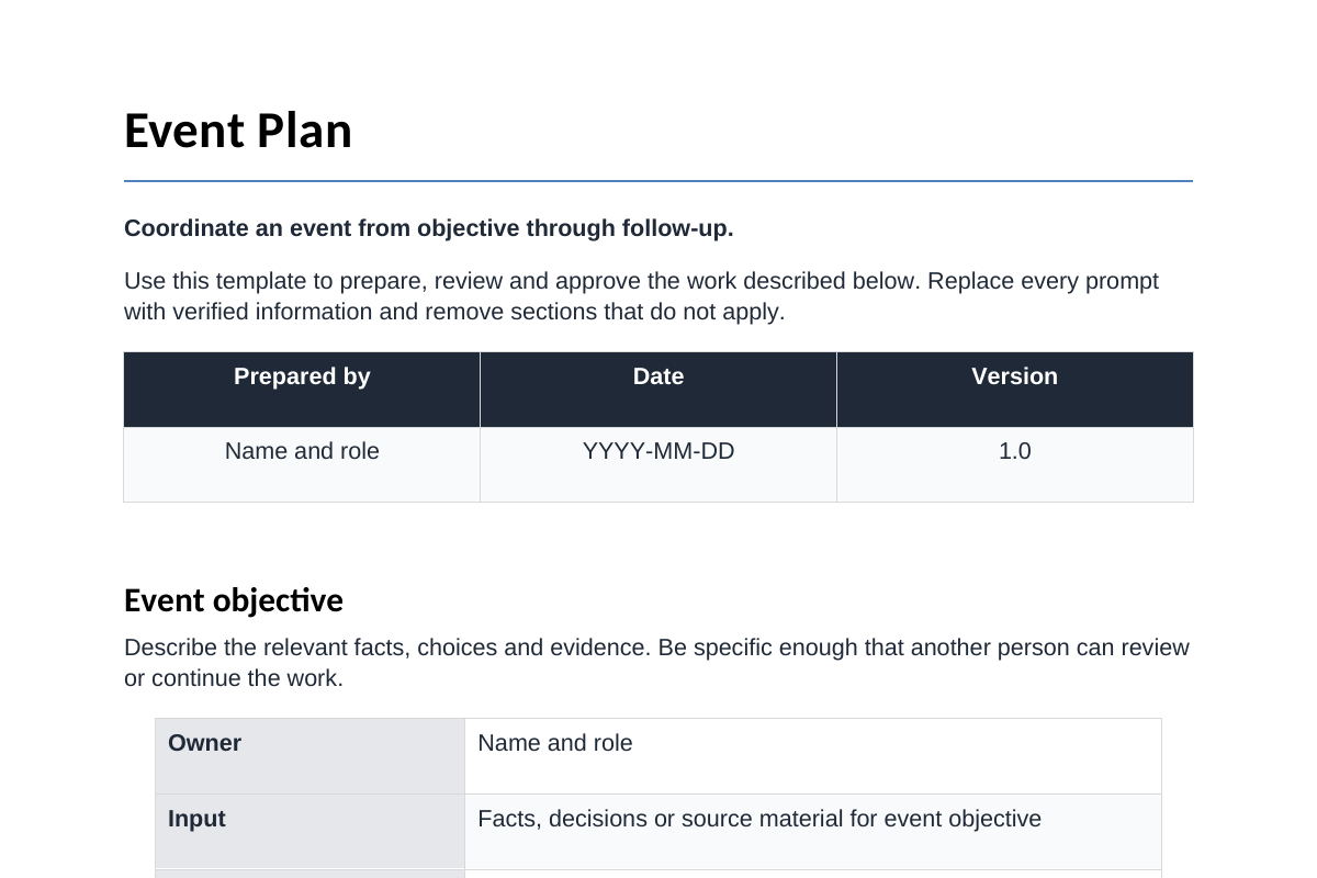 Inhoudsvoorbeeld van Event Plan