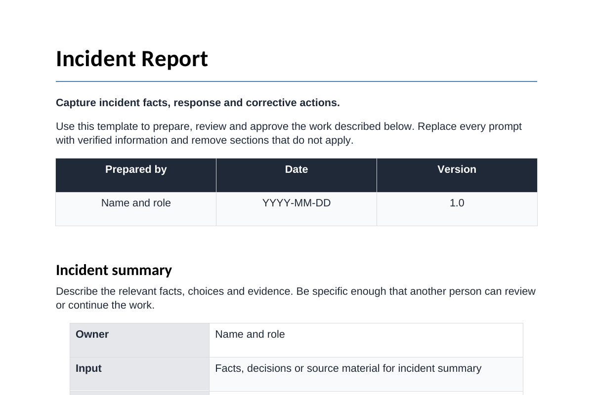 Inhoudsvoorbeeld van Incident Report