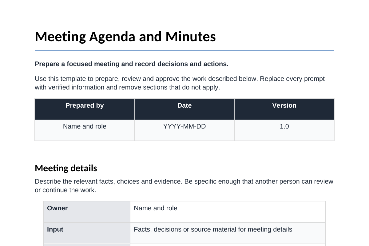 Inhoudsvoorbeeld van Meeting Agenda and Minutes