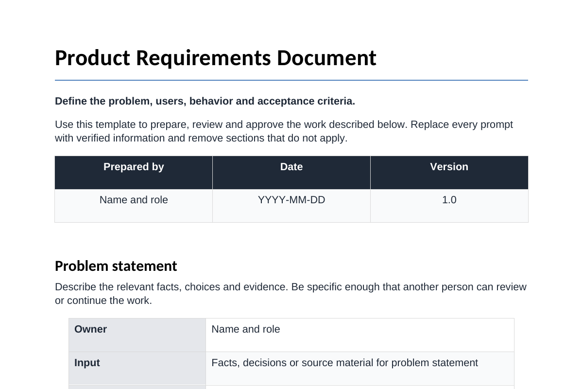 Inhoudsvoorbeeld van Product Requirements Document