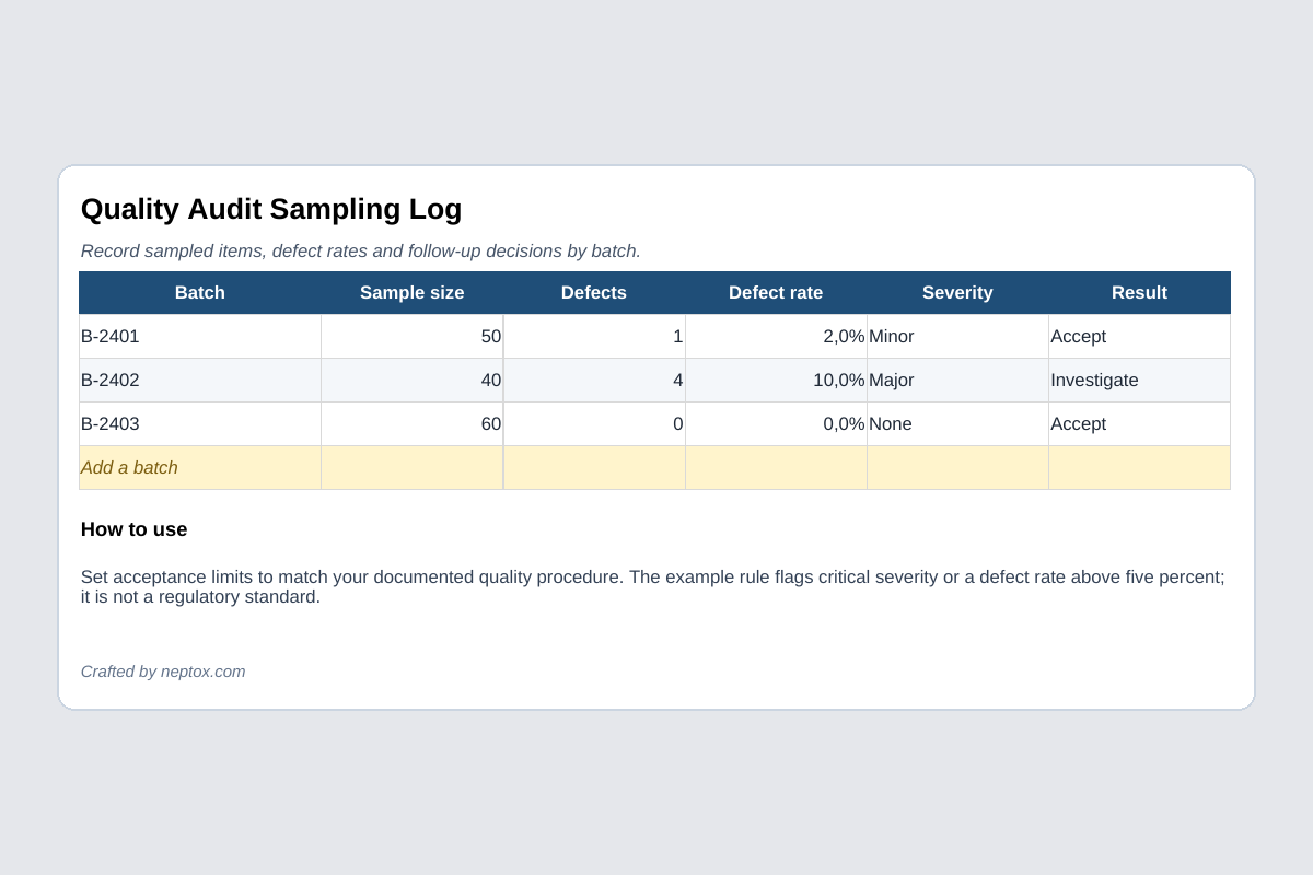 Inhoudsvoorbeeld van Quality Audit Sampling Log