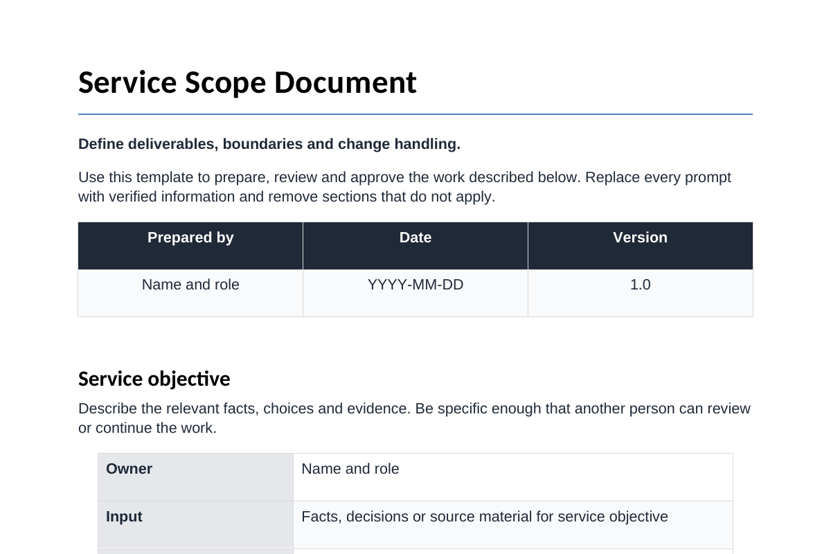 Inhoudsvoorbeeld van Service Scope Document