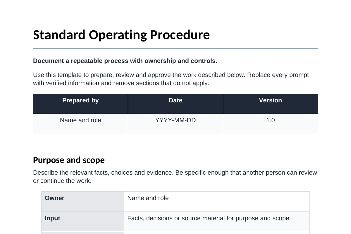 Inhoudsvoorbeeld van Standard Operating Procedure