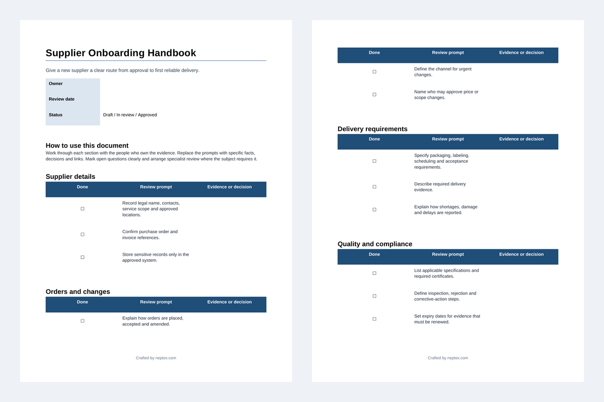 Inhoudsvoorbeeld van Supplier Onboarding Handbook